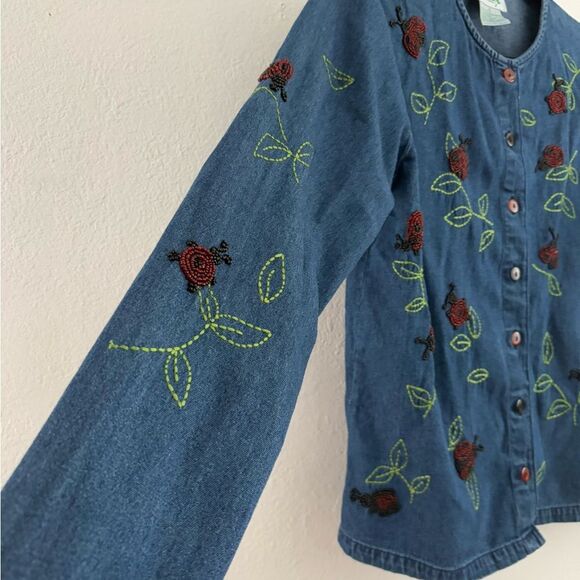 Quacker Factory Denim Beaded Lady Bug long Sleeve Button down Blouse S - Picture 6 of 10